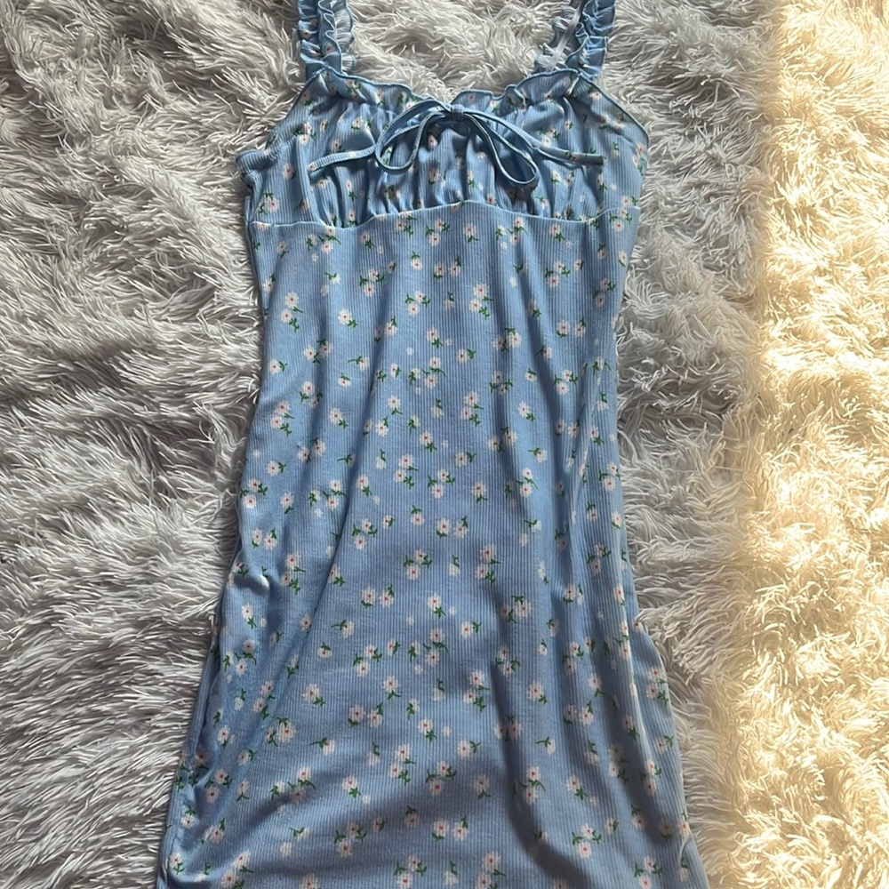 Blue floral mini dress - scrunched sleeves - Size: S US: 4
